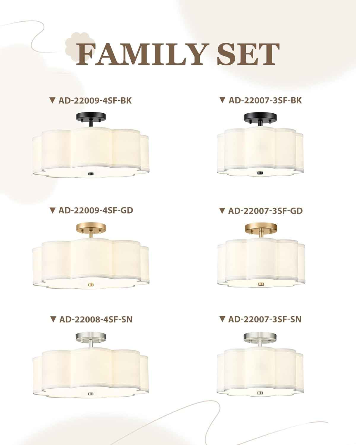 Gold 3-Light Semi Flush Mount Ceiling Light with Fabric Flower Shade - Farmhouse Brass Drum Fixture for Nursery, Hallway, Bedroom - Model AD-22007-3SF-GD