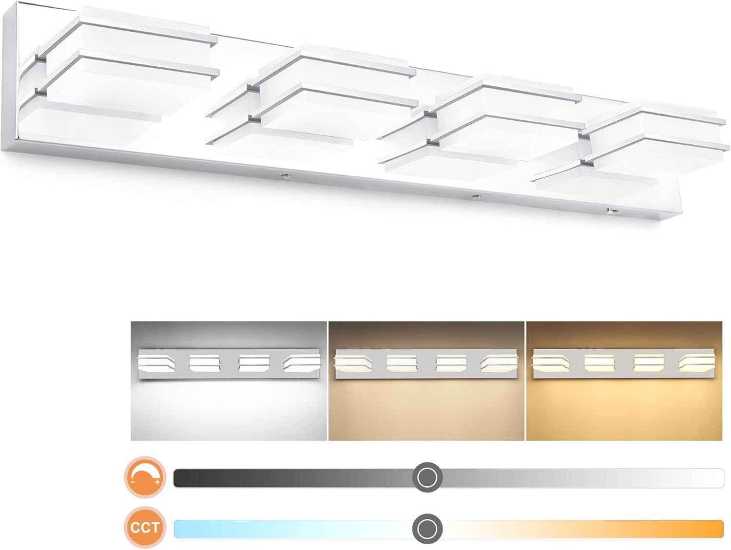 LED Chrome 3-Light Dimmable Bathroom Vanity Light Fixture - Modern Acrylic & Stainless Steel Over Mirror Lighting