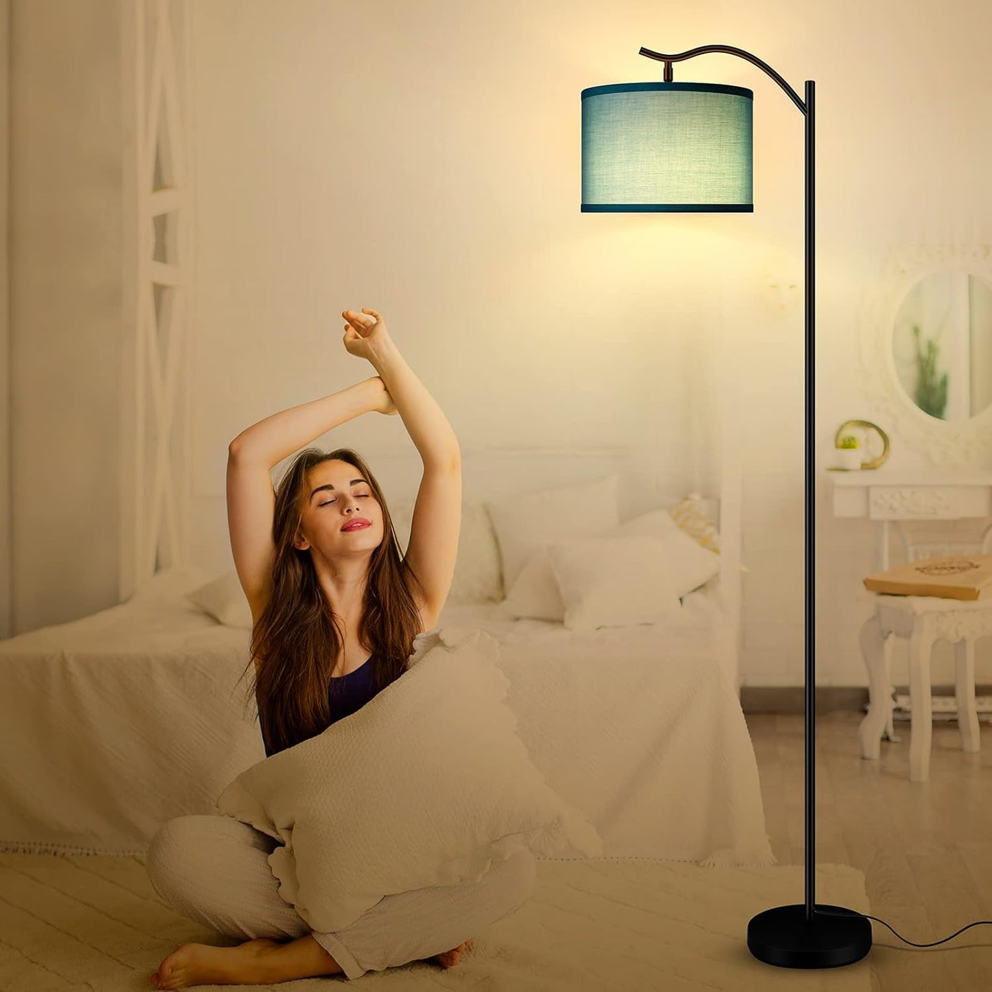 Modern LED Floor Lamp with Bohemian Linen Shade – Arched Tall Standing Light for Living Room & Bedroom