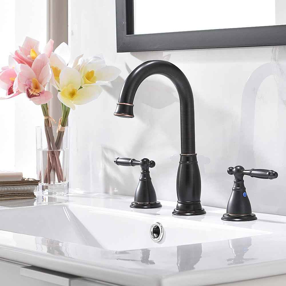 Oil Rubbed Bronze Widespread Bathroom Faucet Set with Valve & Drain - Phiestina WF017-4-ORB