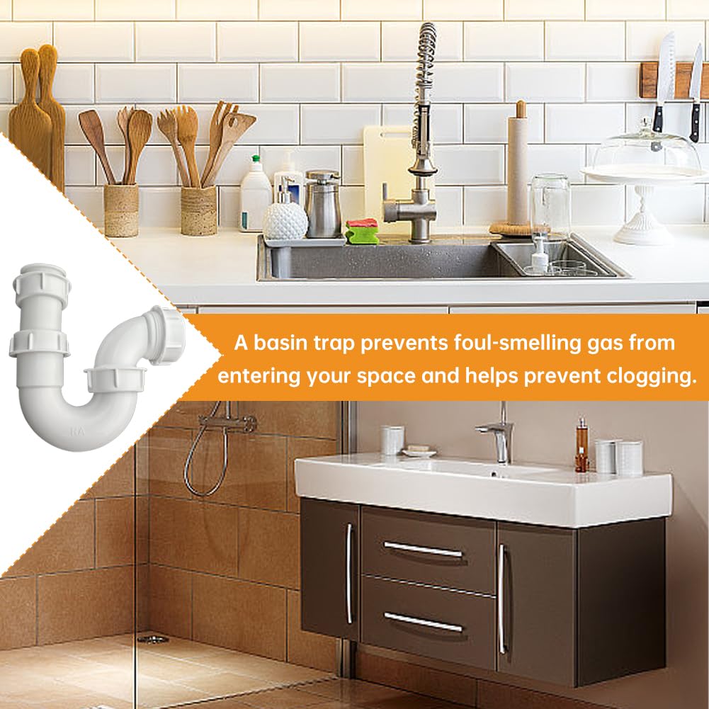 DIA 40MM Sink Drain Pipe Swivel P Trap with 75mm Water Seal for Bathroom & Kitchen - Easy Install Kitchen Sink Plumbing Kit