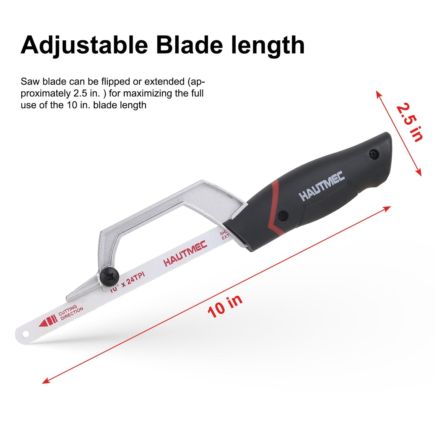 HAUTMEC Mini Hacksaw, 10" Compact Hacksaw with Cutting Guide Design, Tool-Free Blade Change, Compatible with 10"/12" Blades, Lightweight Hack Saw for Metal, PVC & Wood Cutting – HT0427