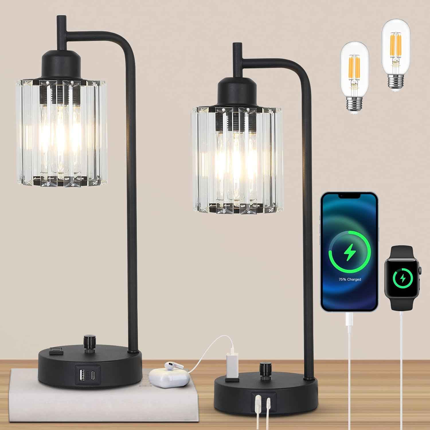 Modern Gold Crystal Table Lamps Set of 2 with LED Bulbs & USB Port - Elegant Bedside Lighting