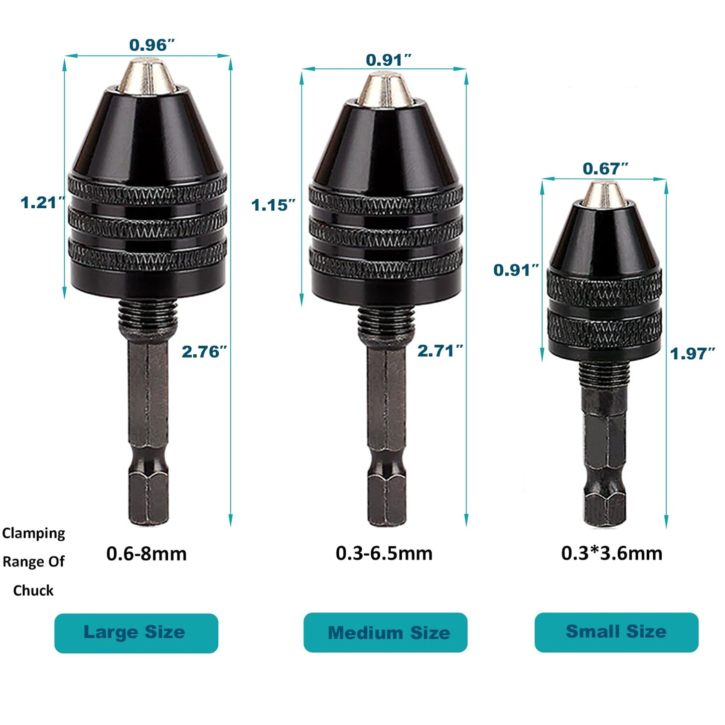 Resze Keyless Drill Chuck Adapter - 3Pcs Drill Chucks for Impact Driver, 1/4' Hex Shank Chuck Conversion Adapters