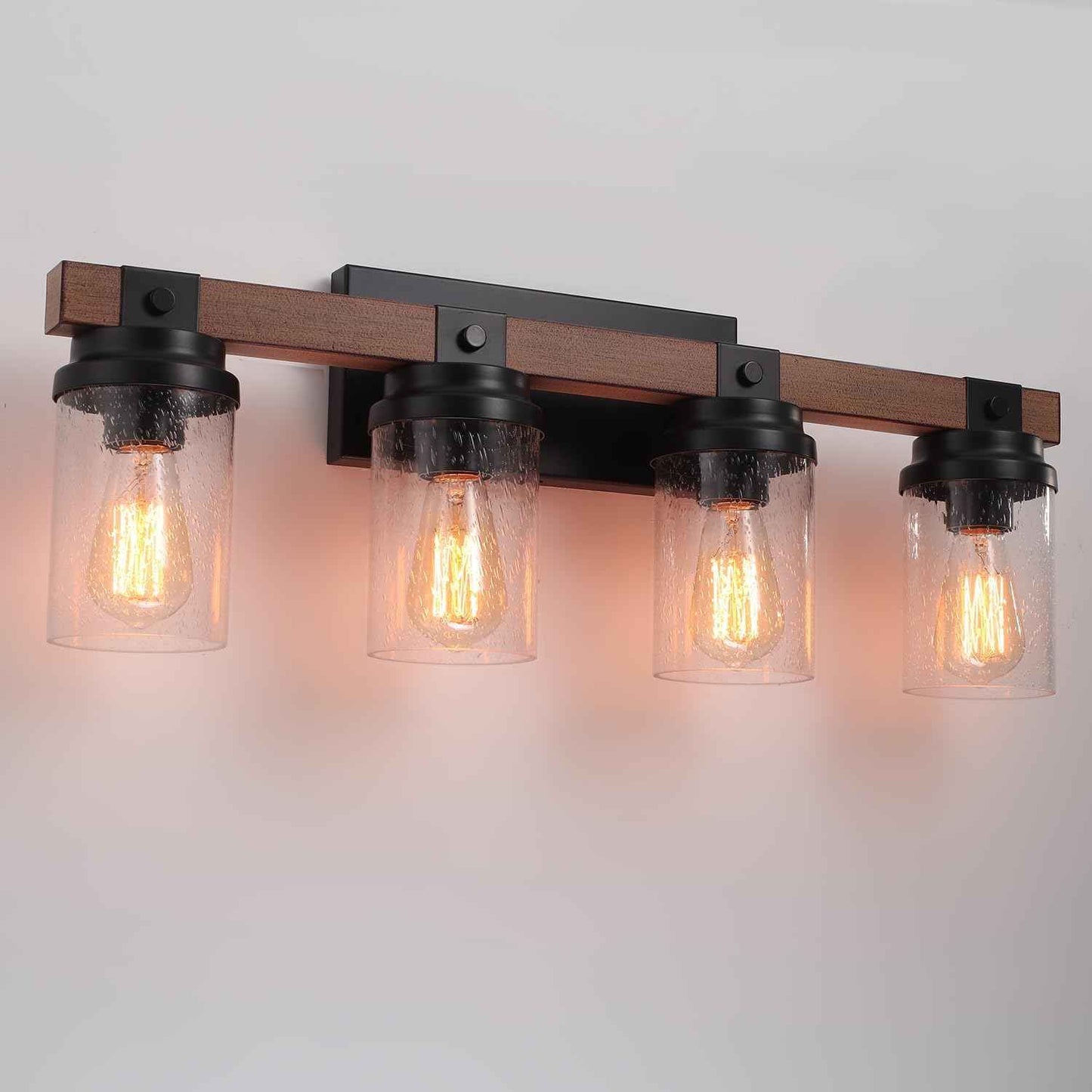 Farmhouse 2-Light Vanity Lights for Bathroom - Rustic Black Wood & Glass Sconces