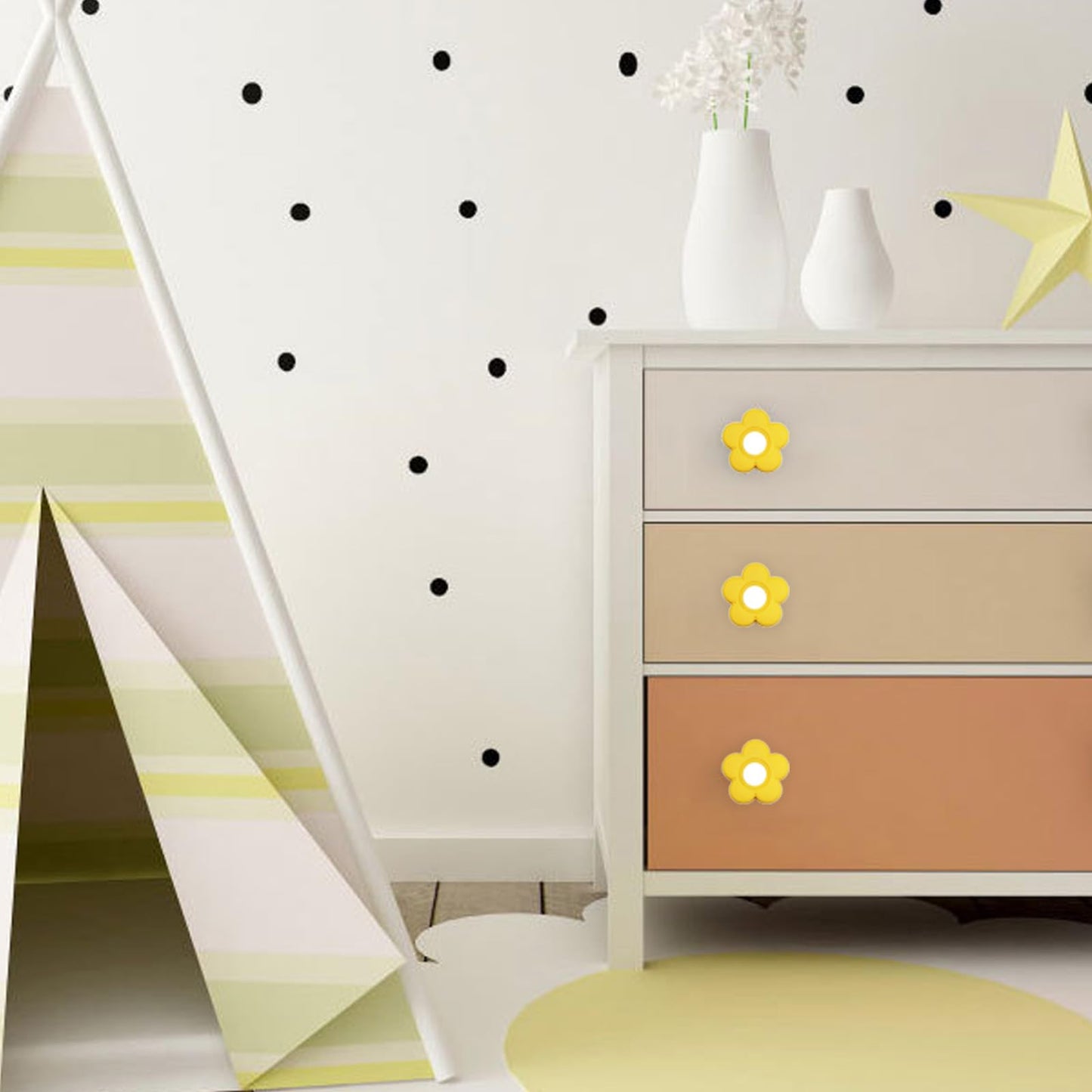 AUXBC 6pcs Yellow Flower Shape Knobs - Soft Rubber Handles, Cabinet Drawer Pulls for Kids' Rooms & Closets, 1.8x1.8x0.85 Inch with Screws