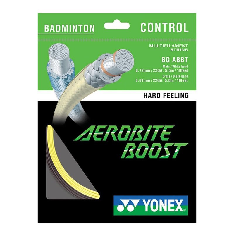 Yonex Aerobite Boost Badminton String (Main/White Band/Gauge: 0.72mm / 21 GA. 5.5m / 18ft) (Cross/Black Band : 0.61 mm/22 GA. 5.0m / 16 ft) (Grey/Red)
