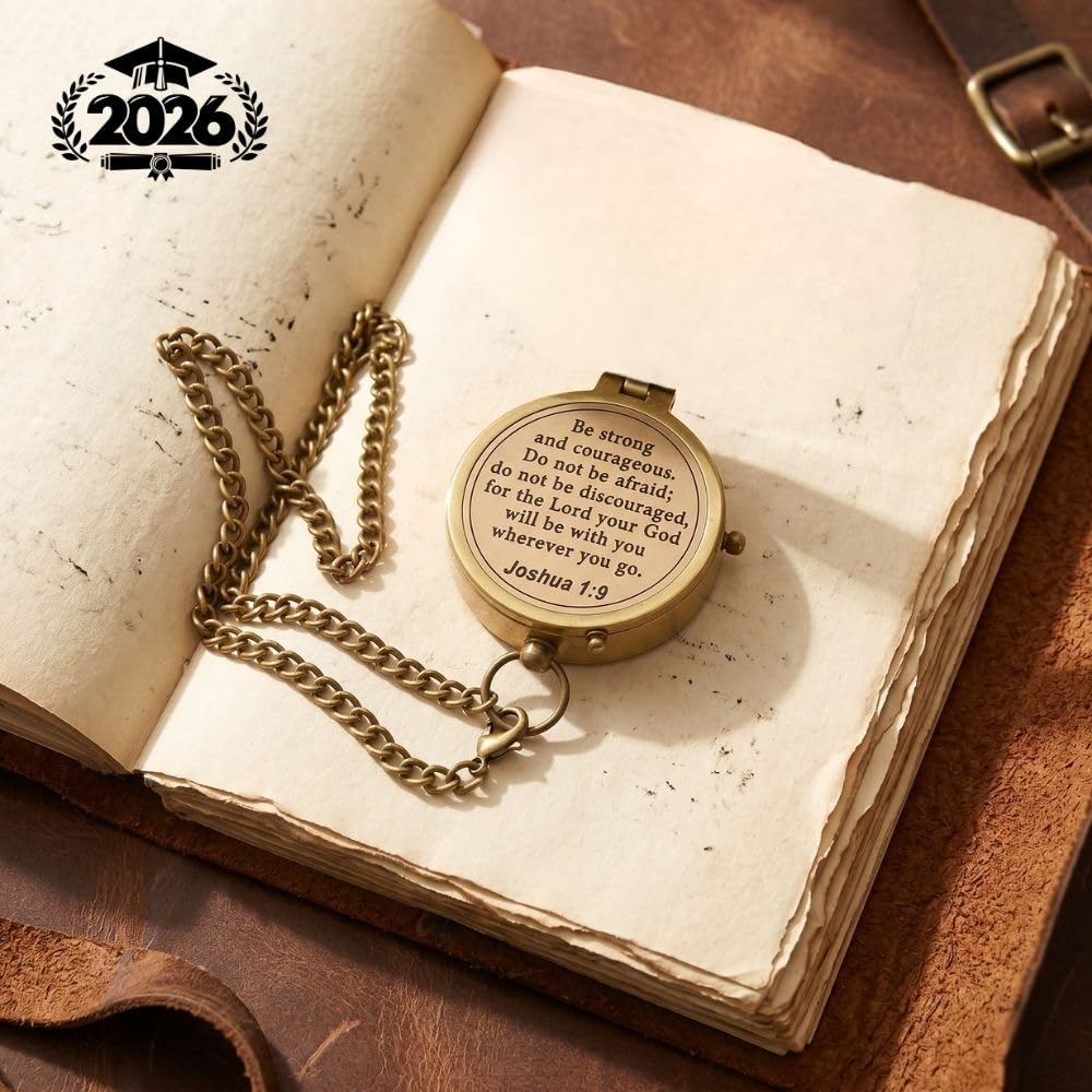 Be Strong and Courageous Compass β Joshua 1:9 Scripture Engraved β Solid Brass Pocket Compass with Leather Case β Christian Gift for Men, Son, Husband, Graduation, Travel Keepsake