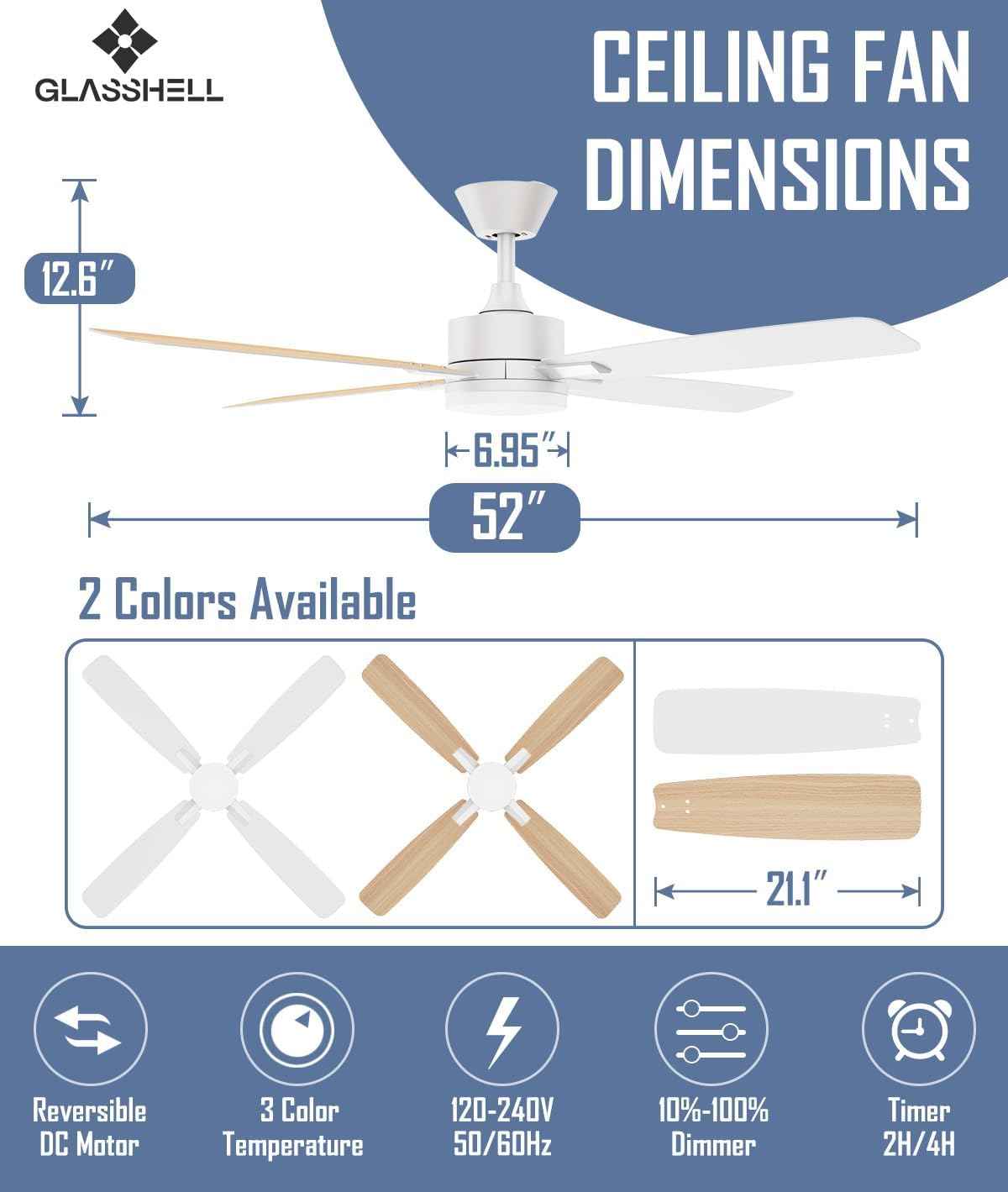 52-Inch Ceiling Fan with Remote Control & Dimmable Light - Noiseless DC Motor for Indoor/Outdoor Use