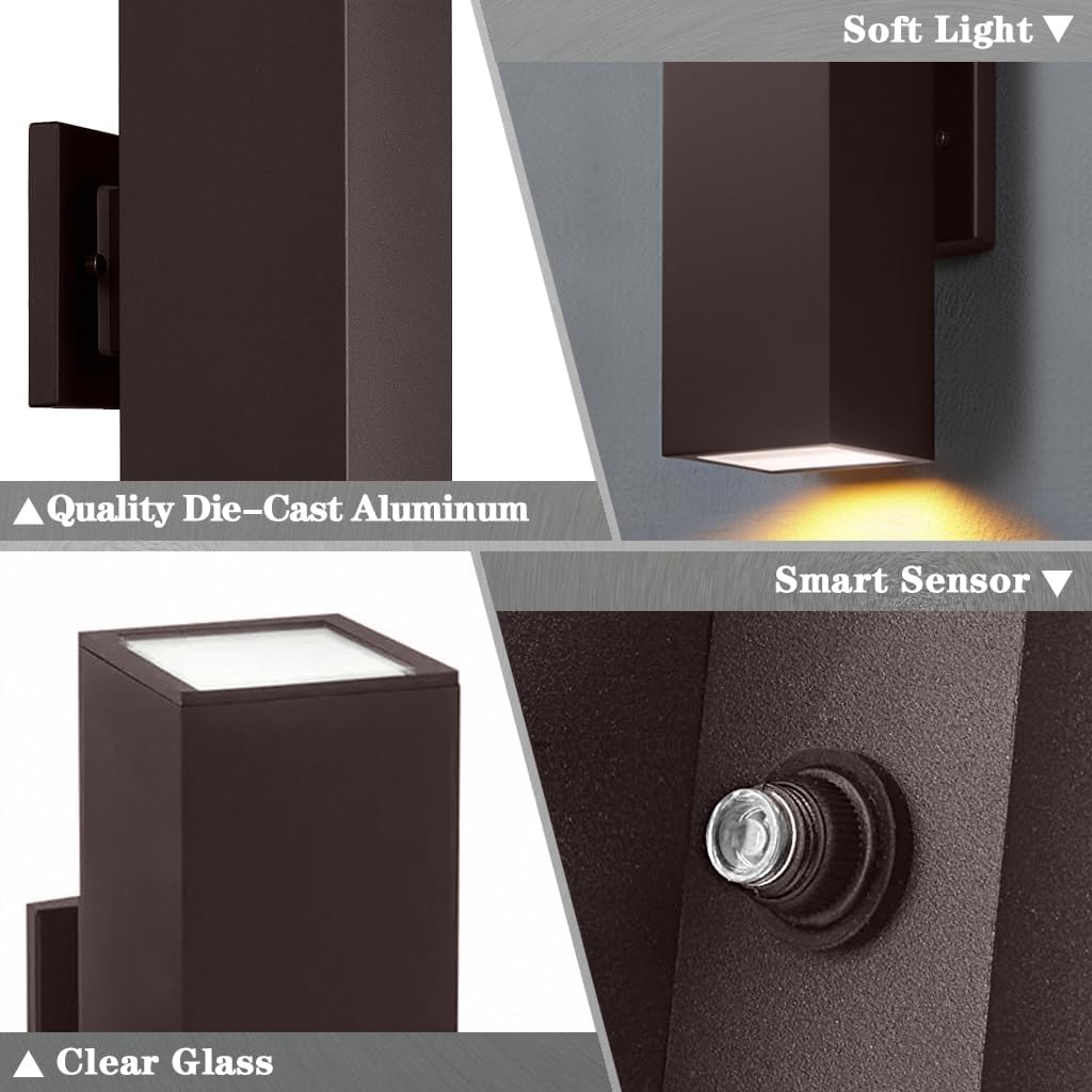 Modern Outdoor Wall Lights - Dusk to Dawn Square Matte Black Sconce with Bulbs, Aluminum Anti-Rust Up & Down Lighting for Porch & Garage