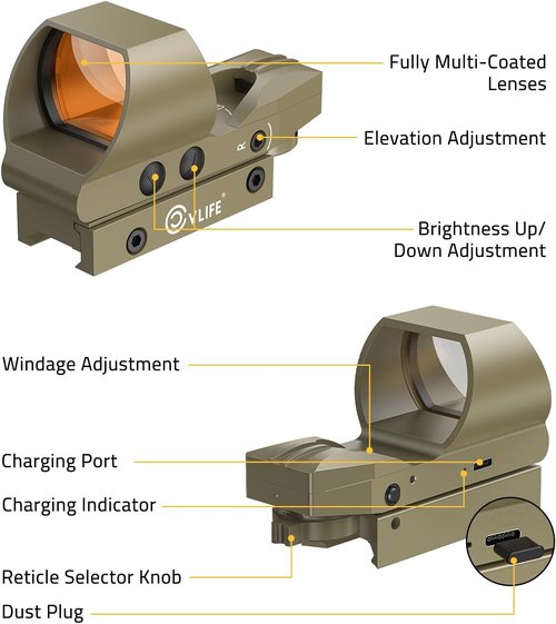 CVLIFE Red Dot Sight - Rechargeable 1X28x40mm Reflex Optics with 4 Reticles for Picatinny Rail