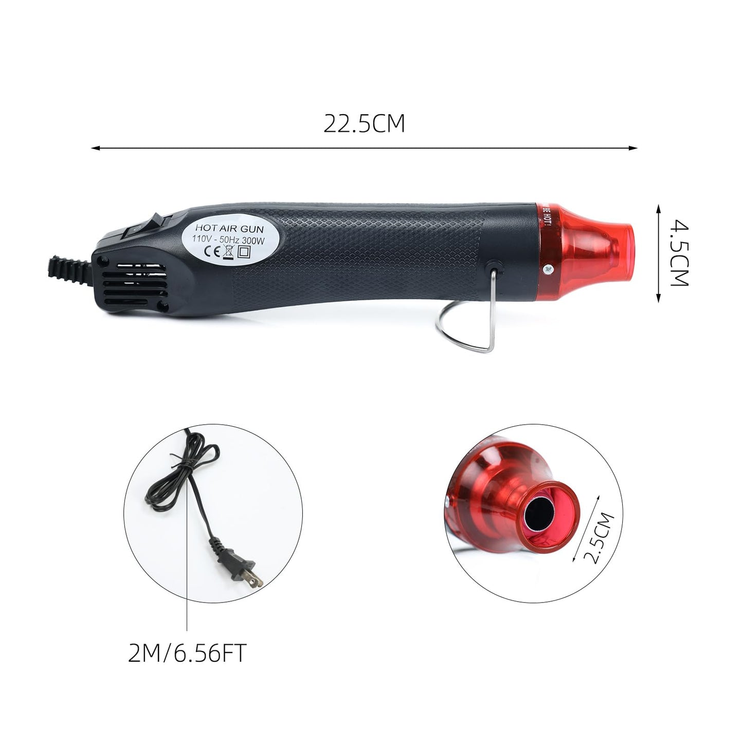 VortecSys Heat Gun for Crafting, 110V 300W Handed Hot Air Gun, 3.28FT Ultra-Long Cable Portable Heat Gun with Stand and Power Cord for Shrinking Wrapping PVC, DIY Embossing and Drying Paint (Black)