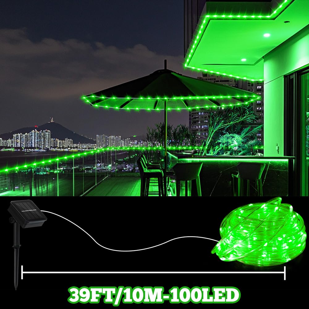 Solar Rope Light Waterproof 39FT 100LEDs Outdoor IP65 Solar String Lights for Easter Outside Party Garden Yard Home Wedding Christmas Halloween Holiday St. Patrick's Day Tree Lighting(Green)
