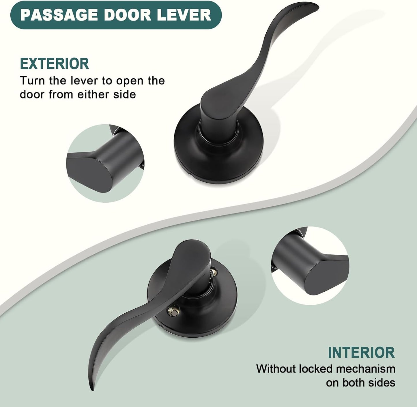 Black Privacy Door Levers - 6 Pack Keyless Modern Wave Handles for Bedrooms