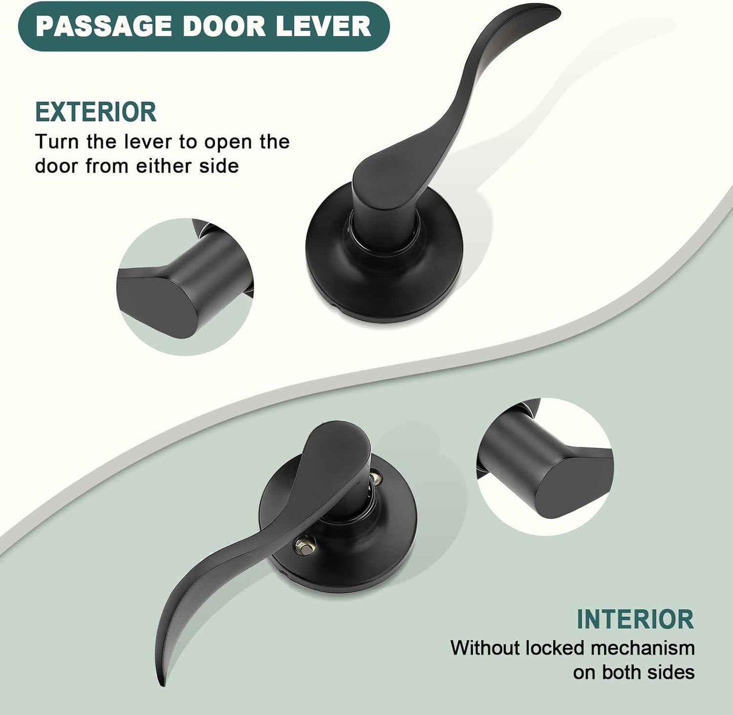 Black Privacy Door Levers - 6 Pack Keyless Modern Wave Handles for Bedrooms