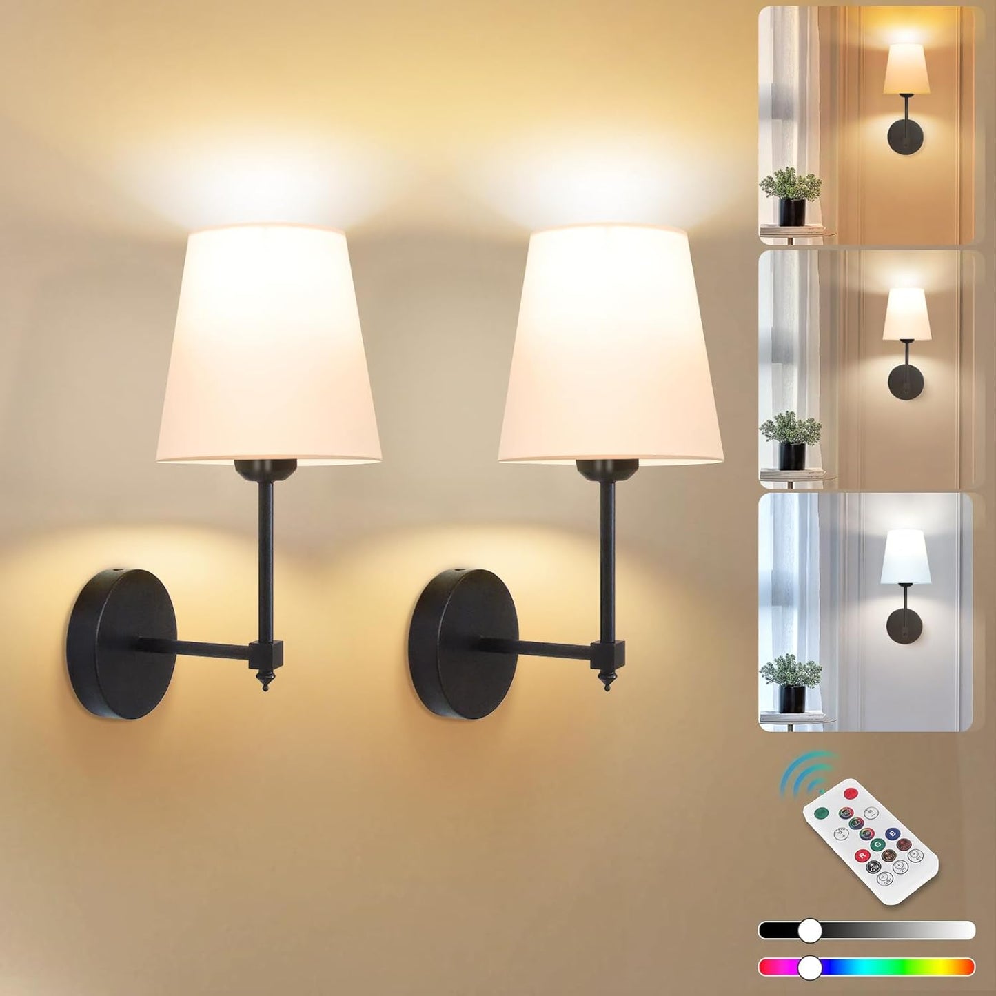 Rechargeable Black Wall Sconce Set of 2 - 5CCT Wireless Dimmable Lights with Remote for Bedroom & Living Room