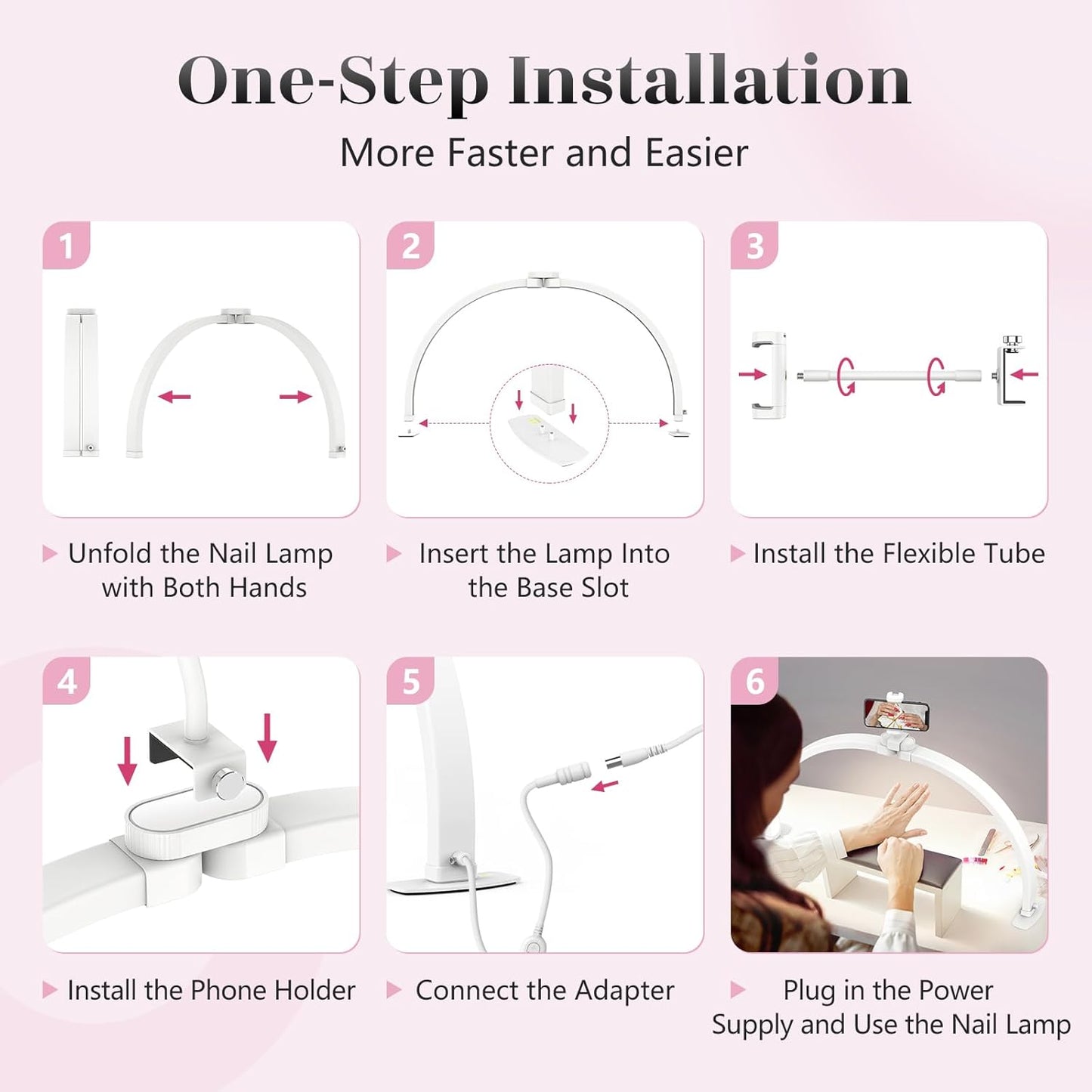 Yokilly Foldable Half Moon Nail Desk Lamp with Phone Holder - 3 Color Modes & 10 Brightness Levels for Manicure Salon