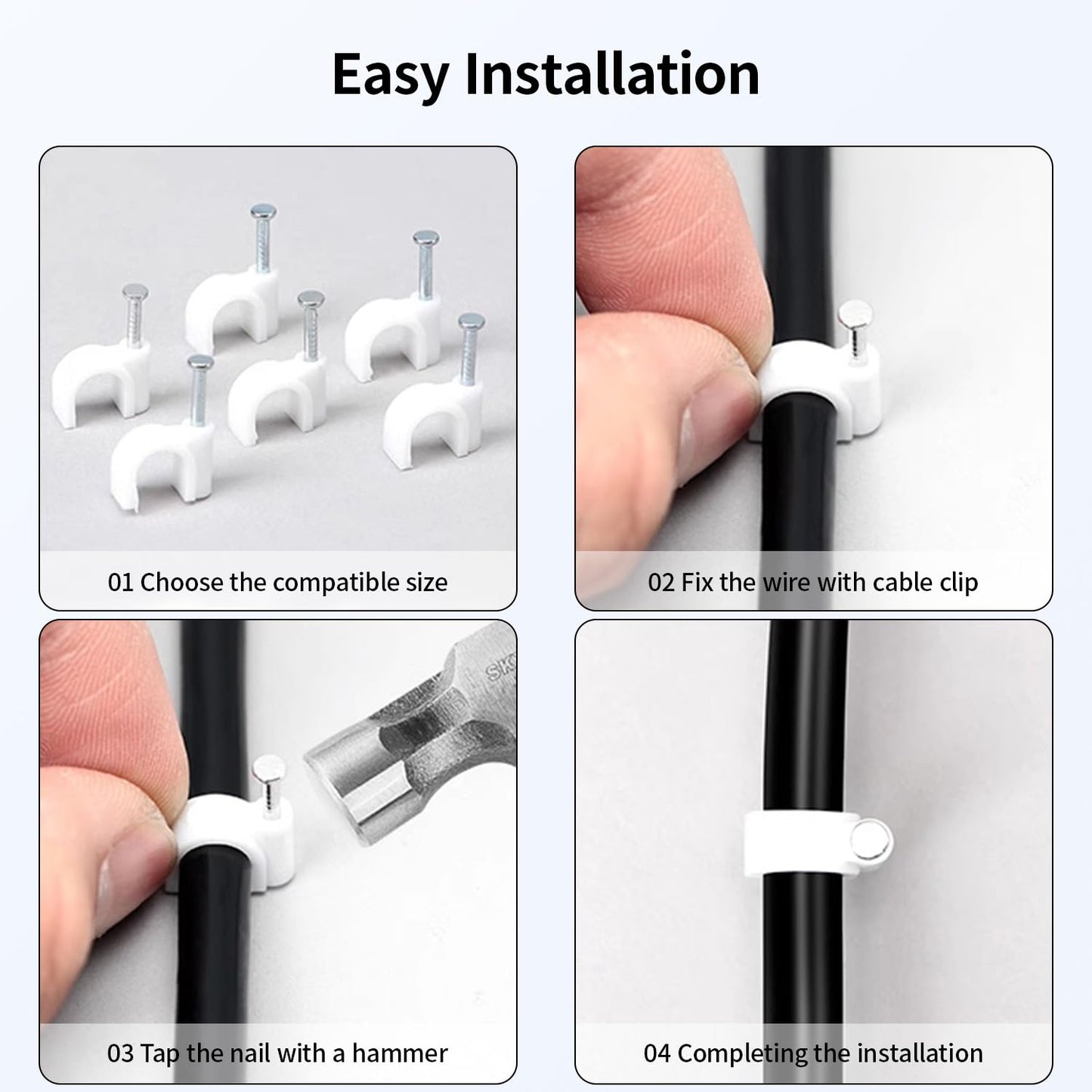 LeMotech 200pcs Cable Clips 5/7/8/10mm Flat Cable Nail Clips Cable Tacks Coaxial Nail Clamps for Cable Cord Management RG6 RG59 CAT5 CAT6 RJ45 Electrical Ethernet Coaxial Clamps, White