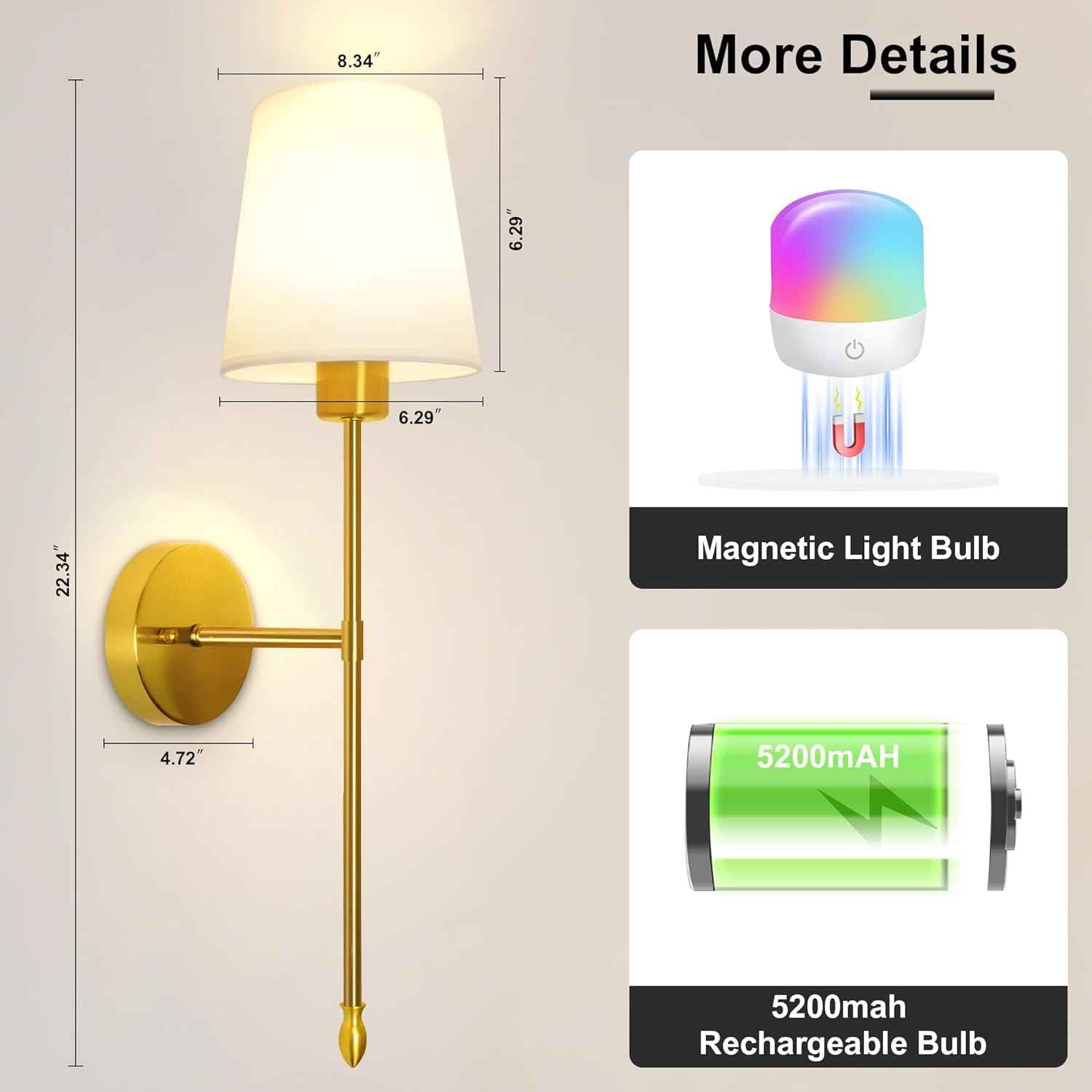 Rechargeable Gold Battery Operated Wall Sconces Set of 2 with Remote & RGB Bulbs