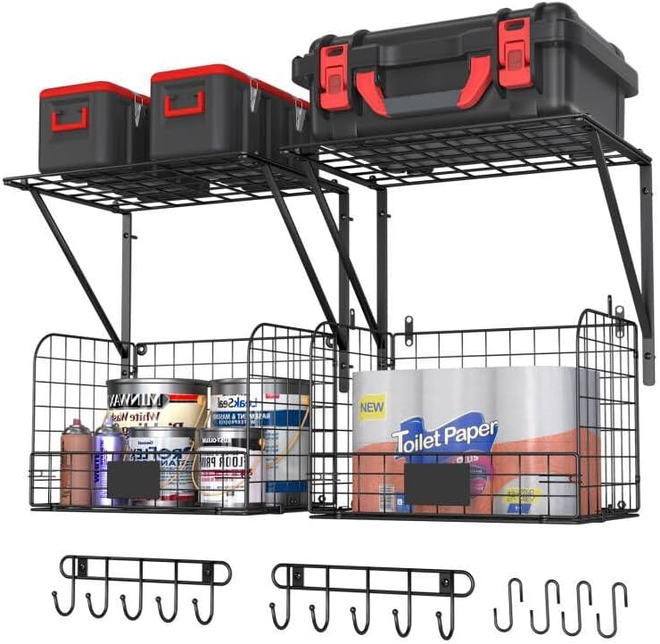 Heavy-Duty Wall-Mounted Garage Shelves with Wire Baskets & Hooks - 2 Pack Tool Organizer for Home & Garden Storage