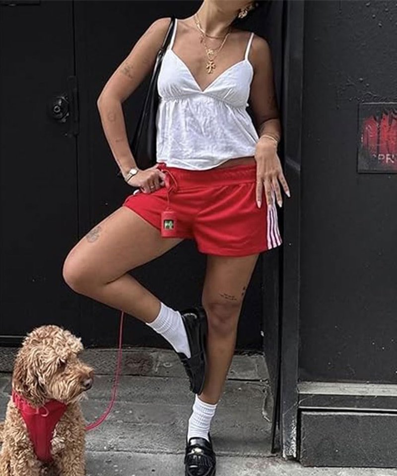 ABINGOO Women Athletic Sweat Shorts Side-Striped Y2k Summer Elastic Waist Workout Loose Wide Leg Lounge Shorts with Pockets(Red,M)