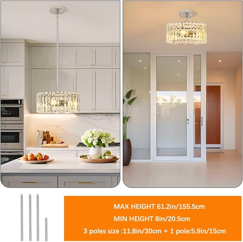 Modern Gold Crystal Ceiling Light Fixture - 11-Inch Semi Flush Mount Chandelier for Kitchen & Entryway
