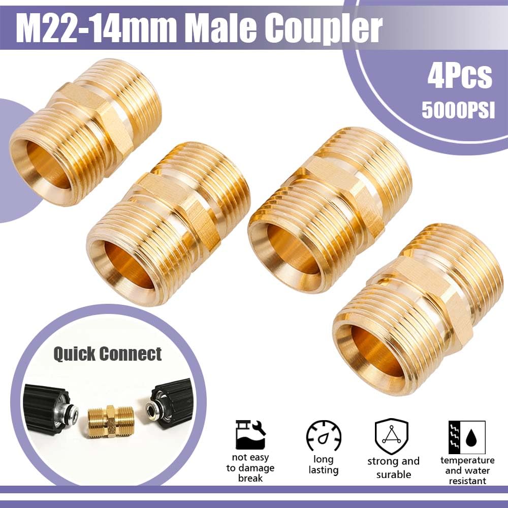 Yakamoz 4Pcs Pressure Washer Hose Adapter, M22-14mm Male Coupler 5000PSI Power Washer Hose Connector Extension Fittings, Heavy Duty Brass, Leak-Free Design