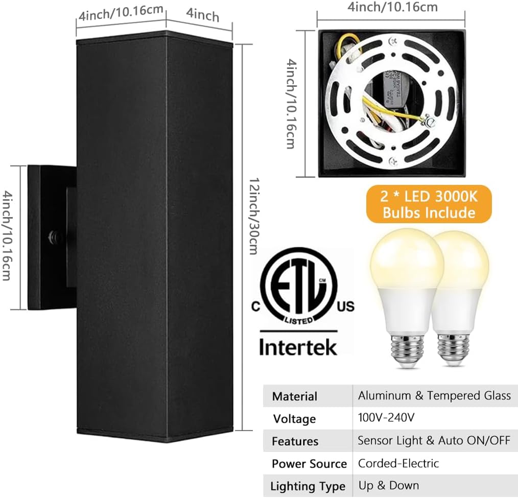 Modern Outdoor Wall Lights - Dusk to Dawn Square Matte Black Sconce with Bulbs, Aluminum Anti-Rust Up & Down Lighting for Porch & Garage