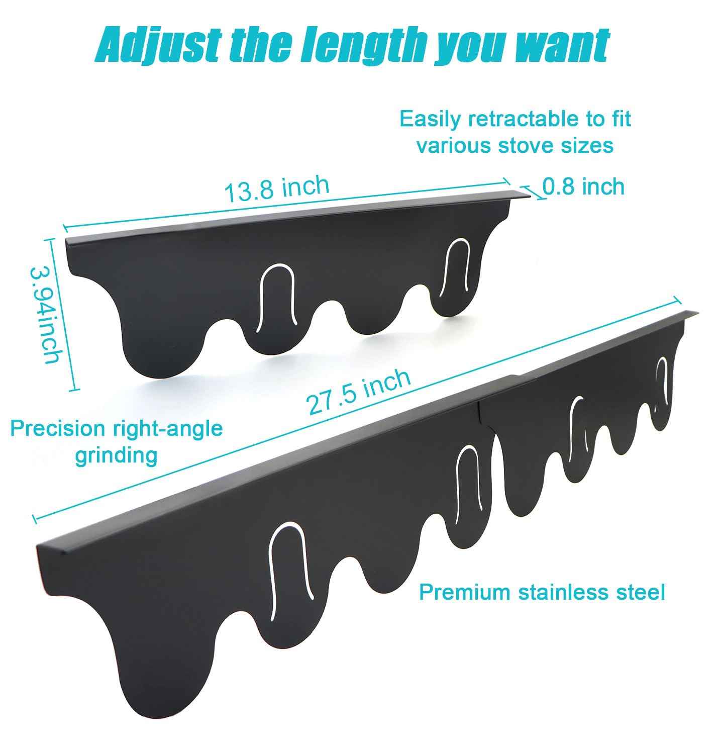 2 Pack Stainless Steel Stove Gap Covers,Stove Gap Filler, Stove Gap Guards, Range Trim Kit, Heat Resistant with Easy Clean, Adjustable Length 13.8” to 27.5”, Width 0.8" (Black)