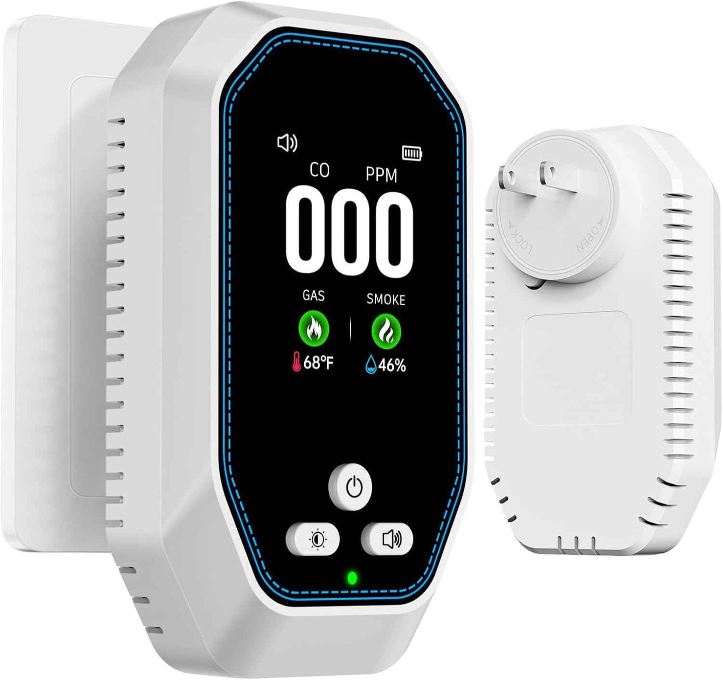 5-in-1 Carbon Monoxide Detector & Natural Gas Leak Alarm with LCD Display - Battery Backup, Temp/Humidity Monitor for Home & Travel