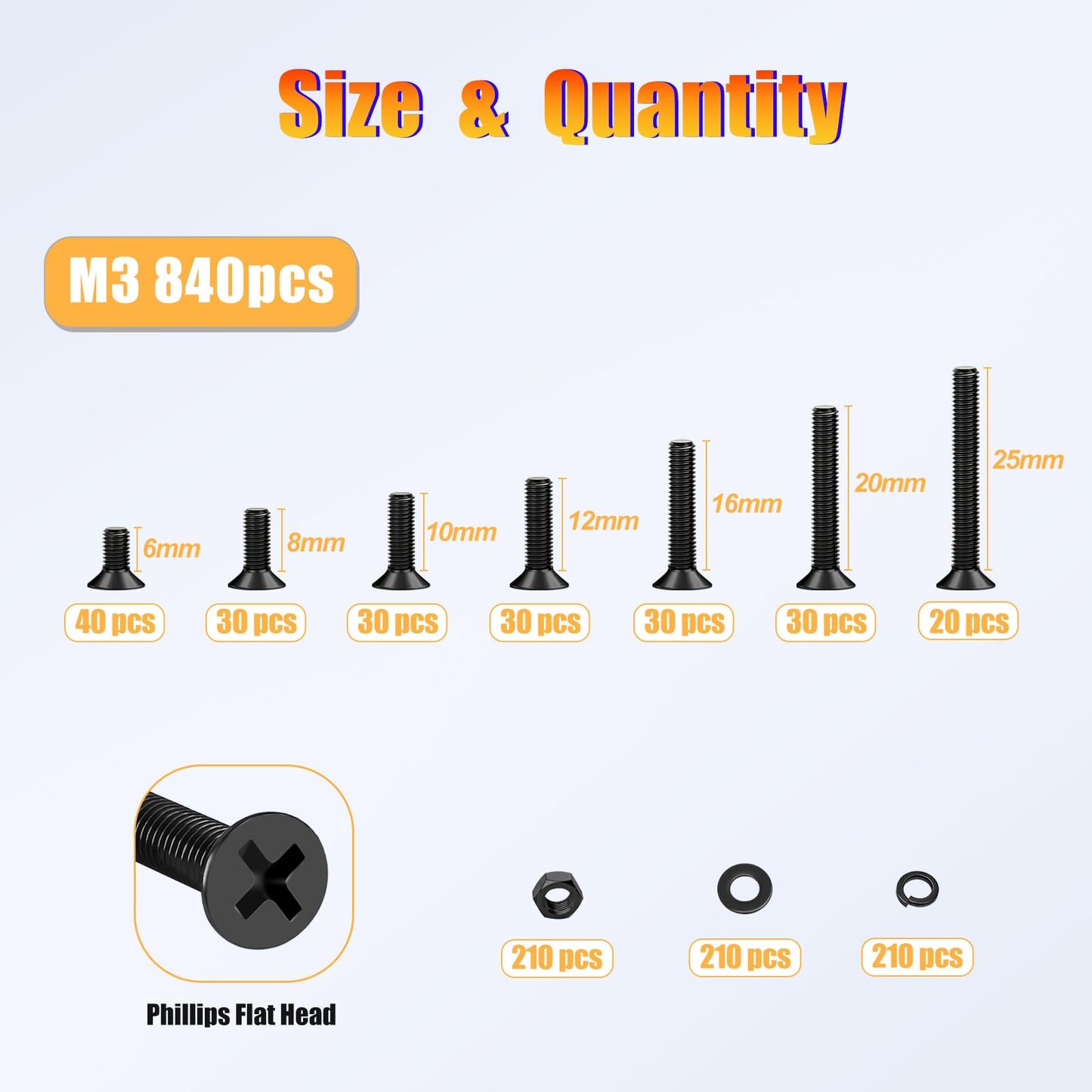 KADRICK 840Pcs M3 Countersunk Screws,M3 Flat Head Screws,Phillips Bolts Nuts Washers Assortment Kit,Zinc Plated,Lenth of 6MM-25MM