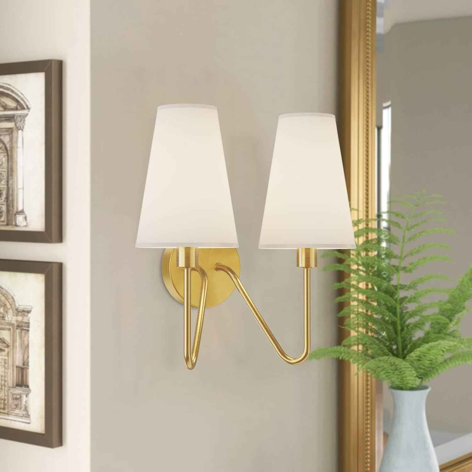 Gold Wall Sconce Lighting Fixture - Set of 2 Classic E12 Hardwired Lamps with Cream Shades