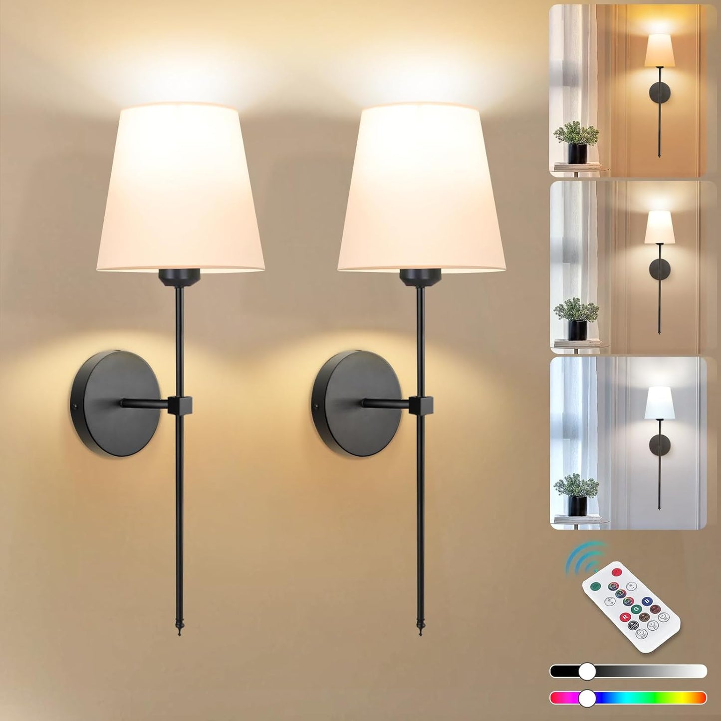 Rechargeable Black Wall Sconce Set of 2 - 5CCT Wireless Dimmable Lights with Remote for Bedroom & Living Room