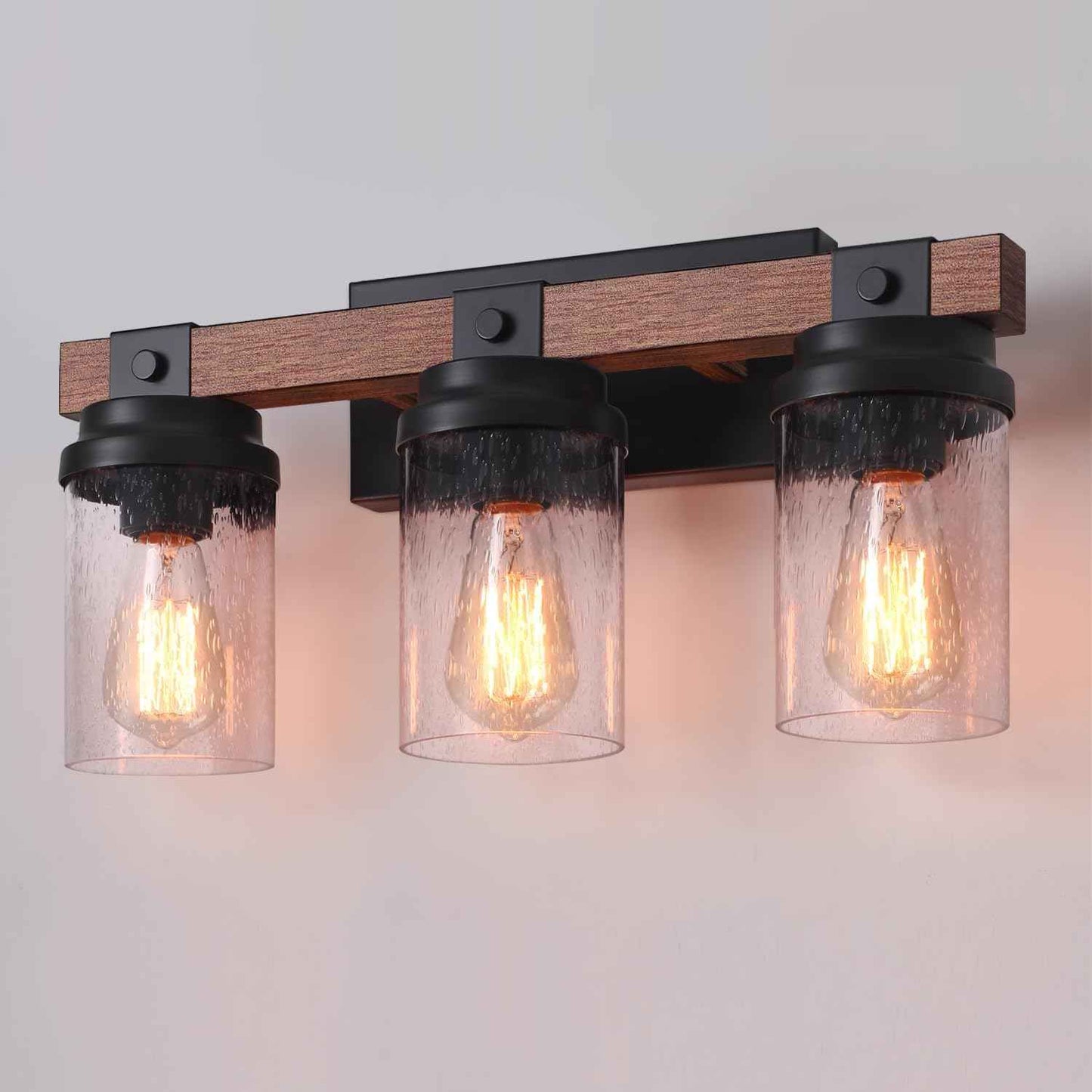 Farmhouse 2-Light Vanity Lights for Bathroom - Rustic Black Wood & Glass Sconces