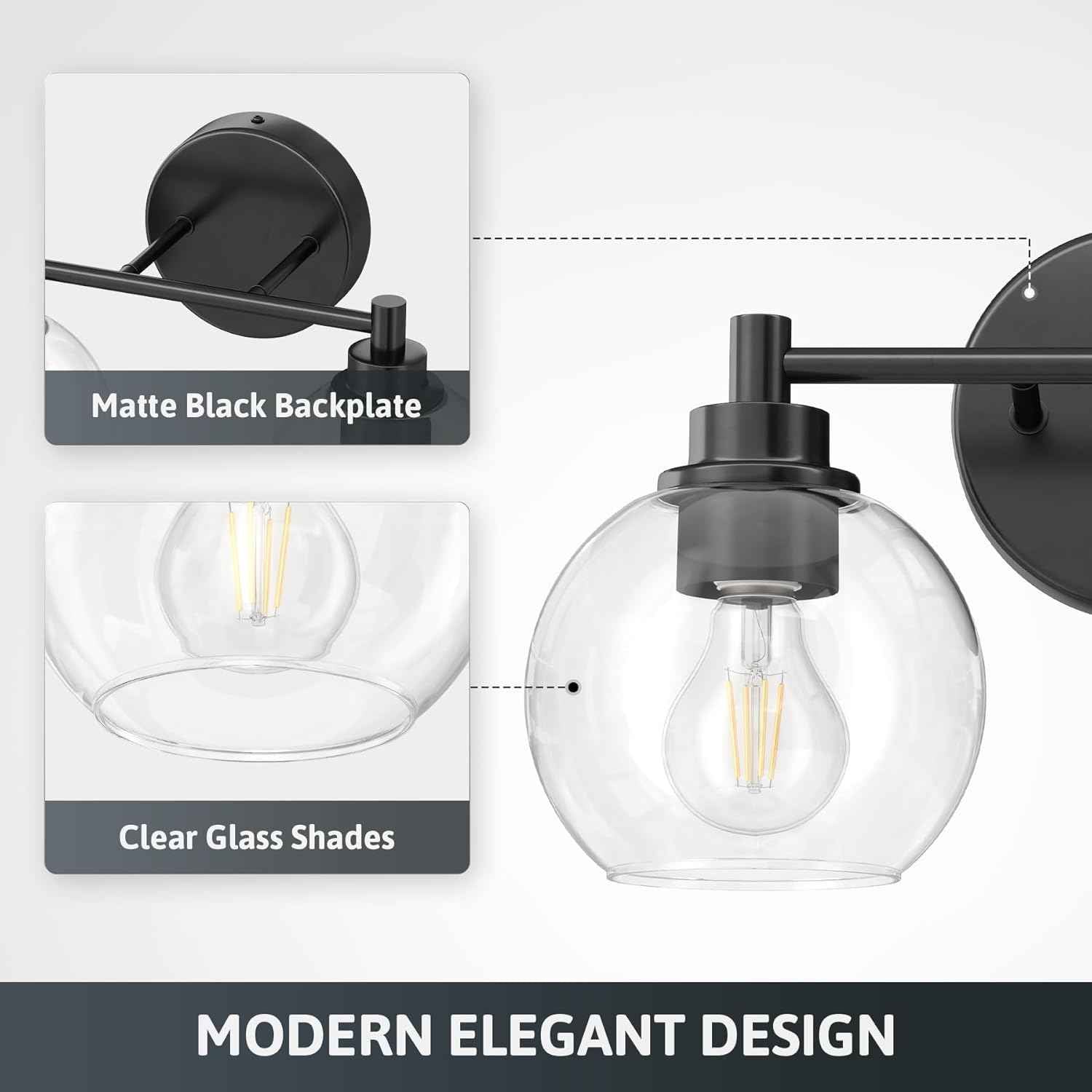 3-Light Vanity Bathroom Light Fixture with Globe Glass Shades - Brushed Nickel, ETL Certified