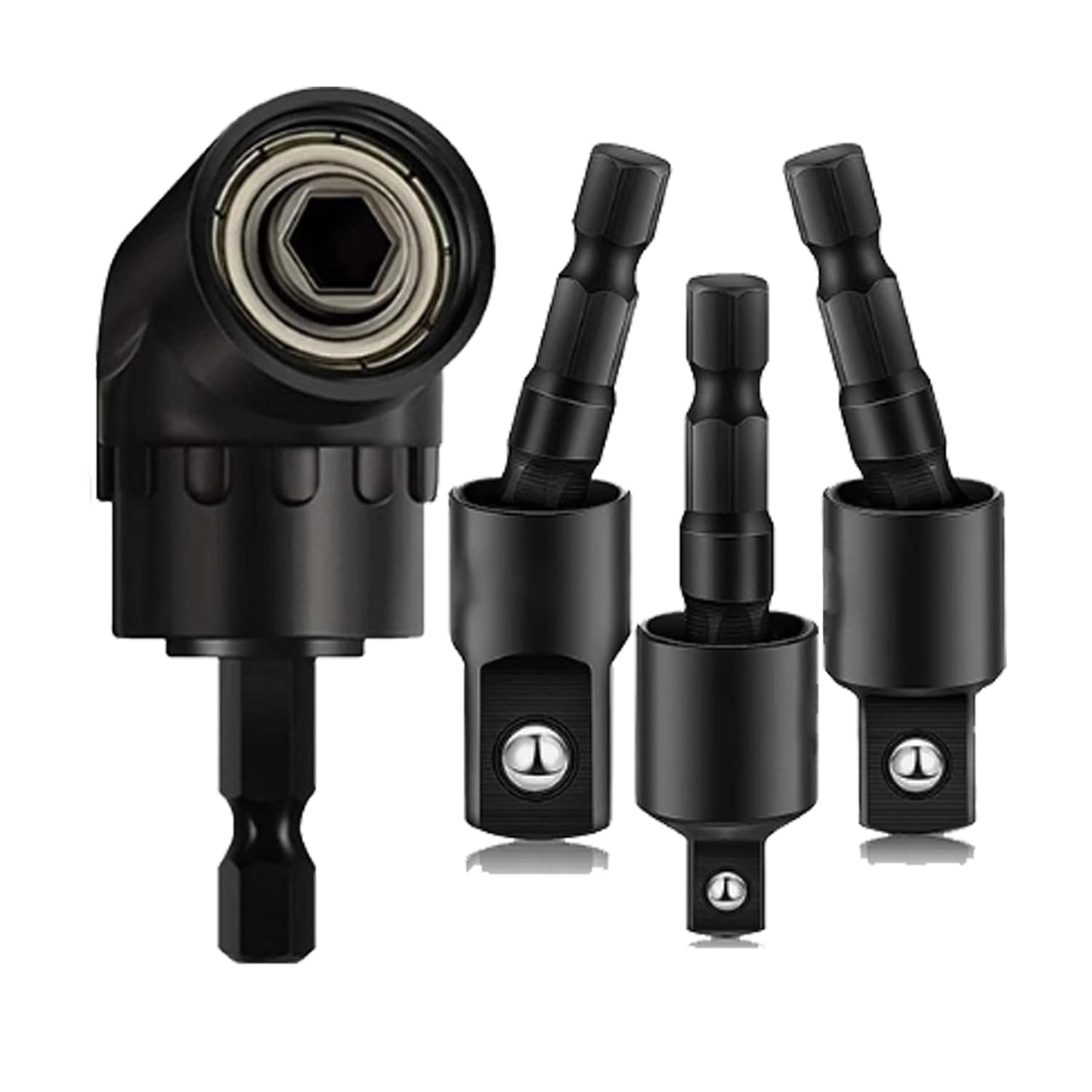 4-in-1 Impact Drill Bit Extension Set with a 105° angle screwdriver bit, right angle drill adaptor, and 360° rotatable socket adapters for 1/4", 3/8", and 1/2" sizes