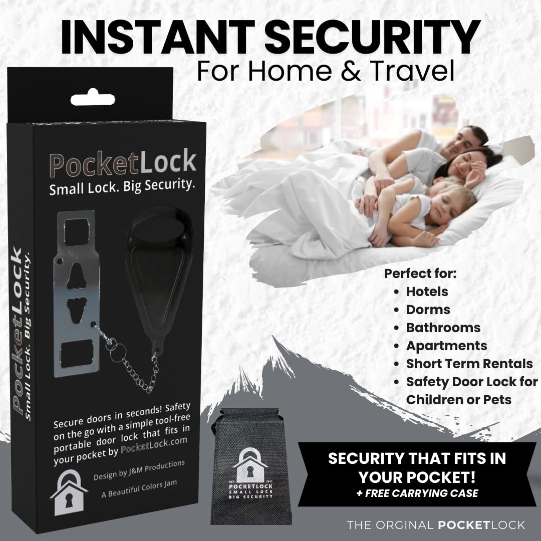 Portable Door Lock 2 Pack for Travel – Hotel Door Locks for Travelers Security – Door Safety Lock from Inside for Home & Apartment – Travel Locks for Hotel Rooms – PocketLock (Black)