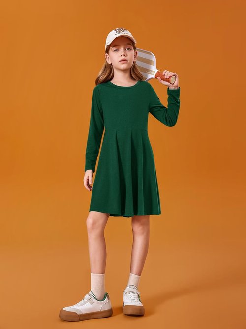 Haloumoning Girls Long Sleeve A-Line T-Shirt Dress - Twirly Skater Style for Ages 5-14