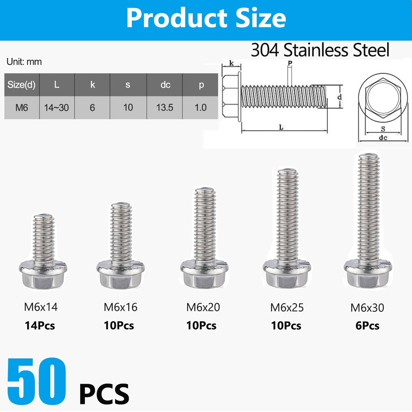 QSJ 50PCS Flanged Hex Head Bolts Set M6 Flange Hexagon Screws 304 Stainless Steel