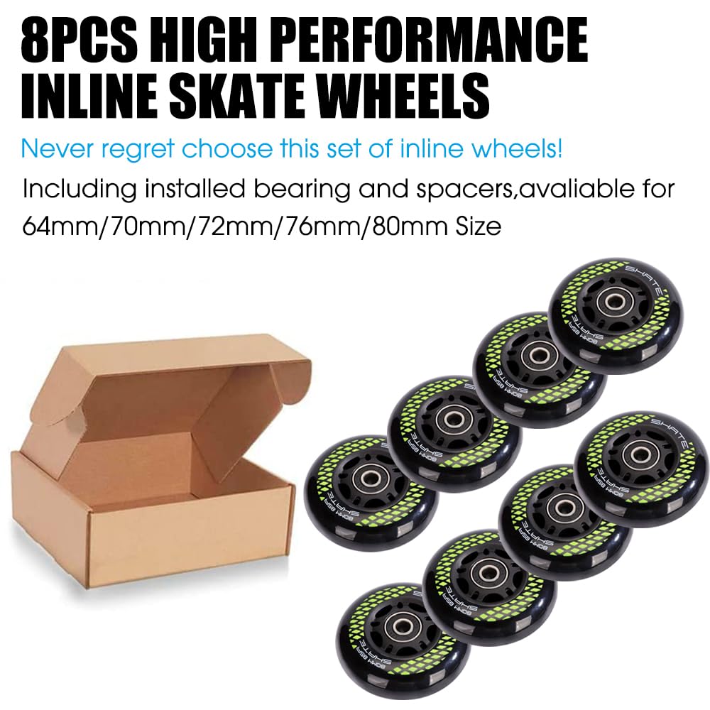 8 Pack Inline Skate Wheels 72mm, 76mm, 80mm - ABEC9 Bearing - 85A Durometer PU - Compatible with Rollerblade, Roller Derby, K2 Skate (A Black/80MM)