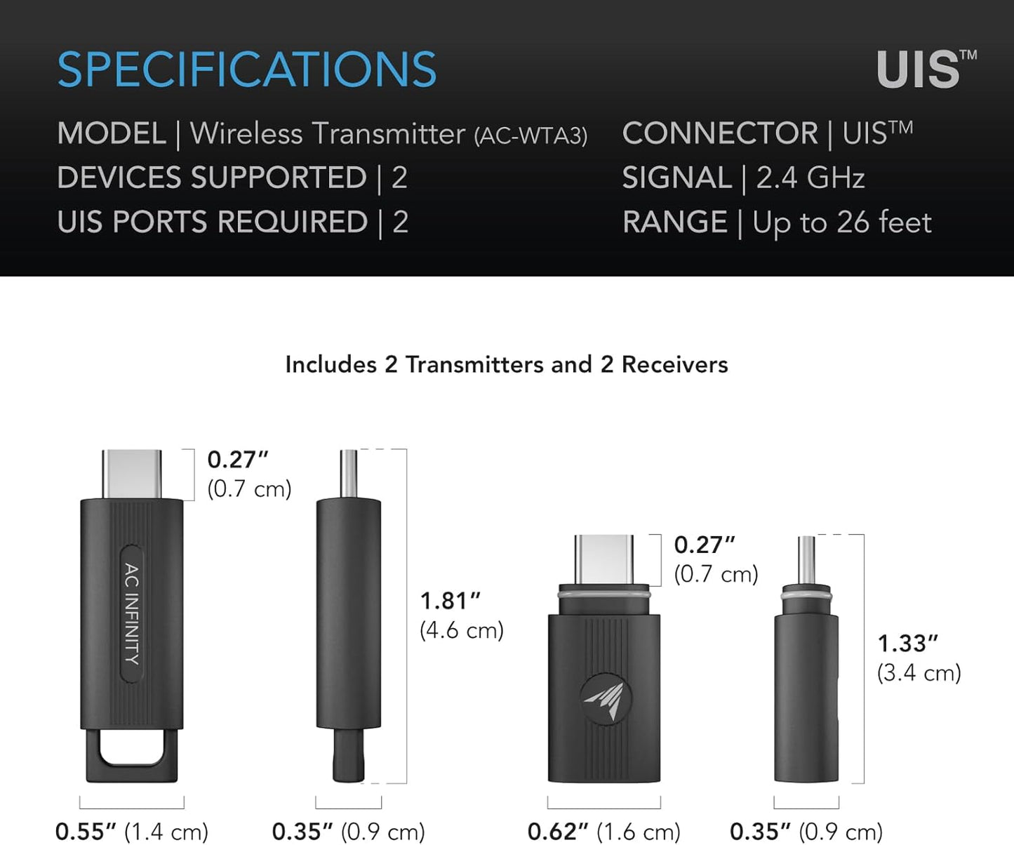 AC Infinity UIS Wireless Transmitter & Receiver Set - 26ft Range, 2.4GHz Connection