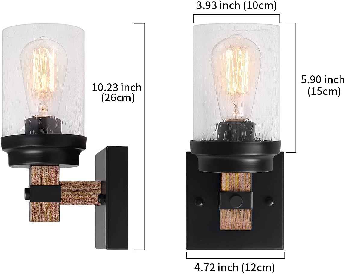 Farmhouse 2-Light Vanity Lights for Bathroom - Rustic Black Wood & Glass Sconces