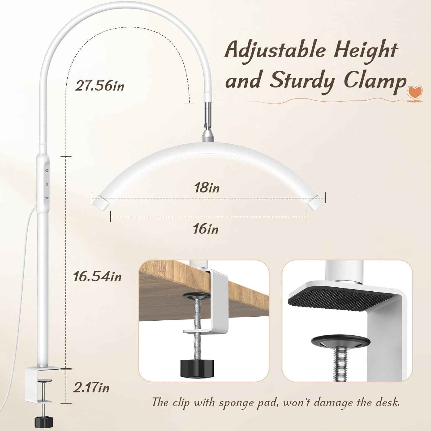 LED Half Moon Clamp Desk Lamp for Nail Art & Skincare - 5 Brightness Levels, Remote Control