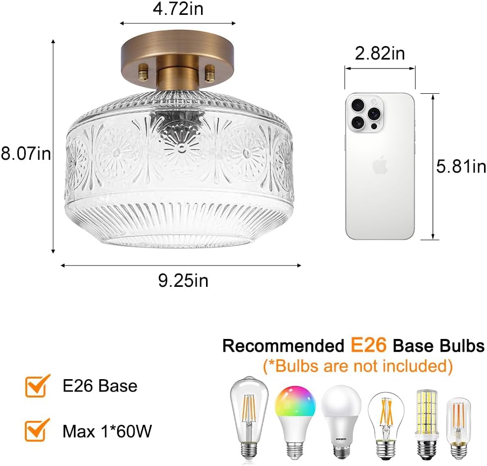 Vintage Semi Flush Mount Ceiling Light Fixture - Brass & Thickened Glass for Hallway, Entryway, Bedroom, Bathroom