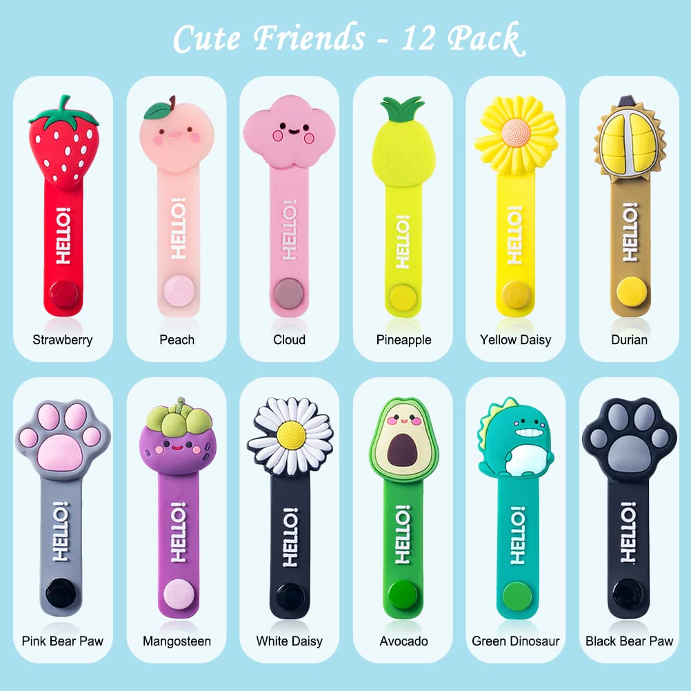 12 Pcs Reusable Cable Ties, Cute Cartoon Flower Fruit Animal Cord Ties for Office, Homeroom, School, Computer, Travel Items, Traveling USB Charger Electrical Cord Keeper