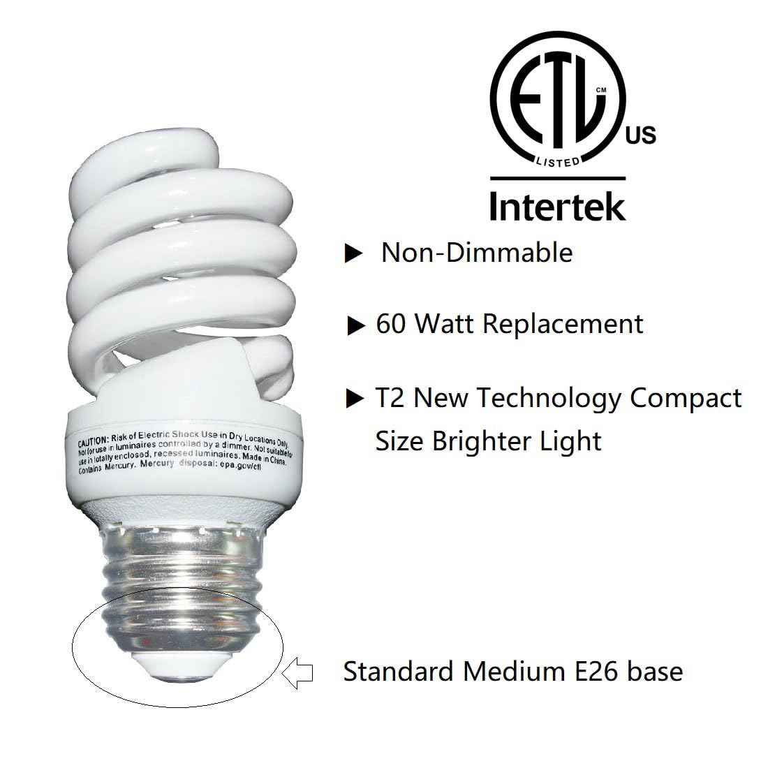 HGE Multiple 120V/60HZ 13 Watt (60Watt Equivalent) Compact Fluorescent Light, ETL Listed Soft White 2700K 1040LM, Spiral Medium Base CFL Light Bulbs. Nice Gifts (5)