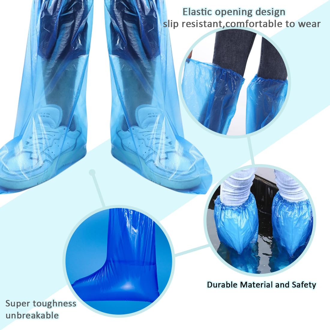 Disposable Shoe Covers Blue Rain Shoes and Boots Cover Plastic Long Shoe Cover Clear Waterproof Anti-Slip Overshoe for Women Men Water Boots Cover Rainy Day Use Cover (20 Pack(10 Pairs))