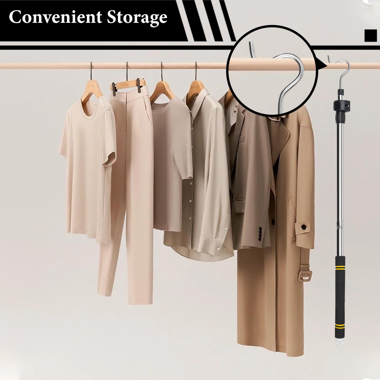 Clothes Hanger Reaching Hook, Attic Pull Down Hook Extendable 36-66inch Sponge Handle Hard to Break Apply to Closet Poles for Hanging Clothes Closet Extender Hanging Rod Clothesline Pole.