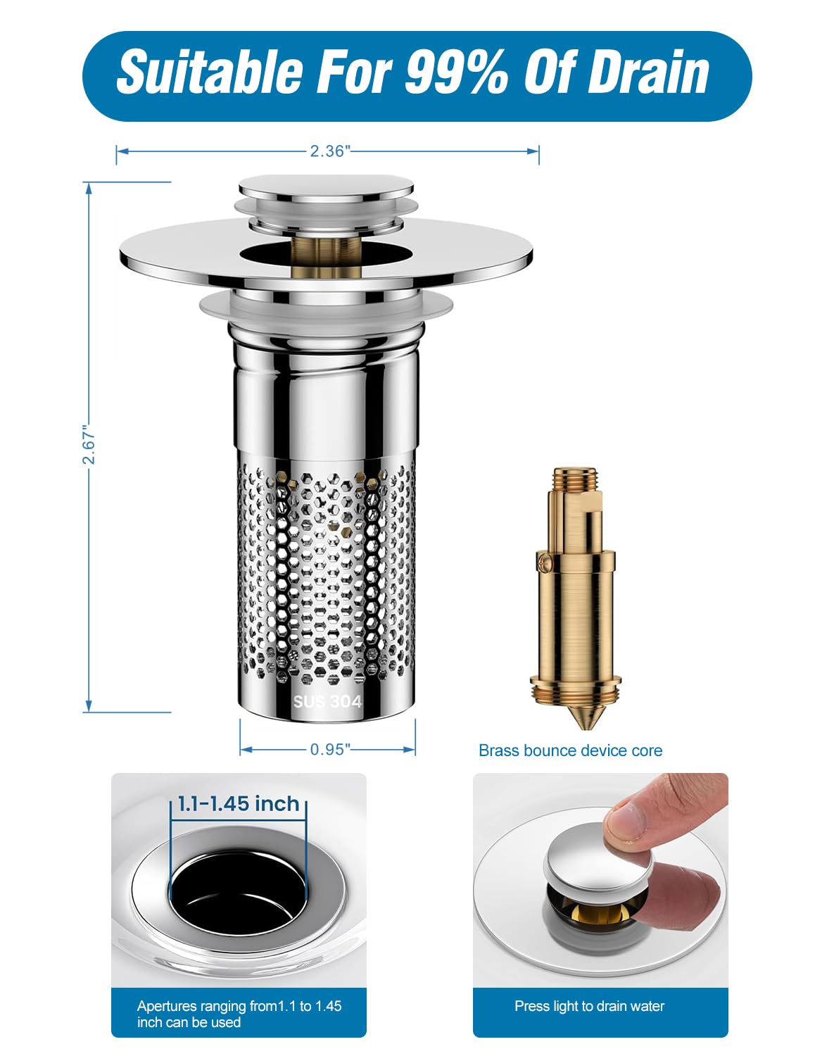 Bathroom Sink Drain Strainer,Pop-up Sink Drain Strainer for U.S. Standard Universal,Hair Catcher Sink Stopper with Removable Stainless Steel Filter Basket