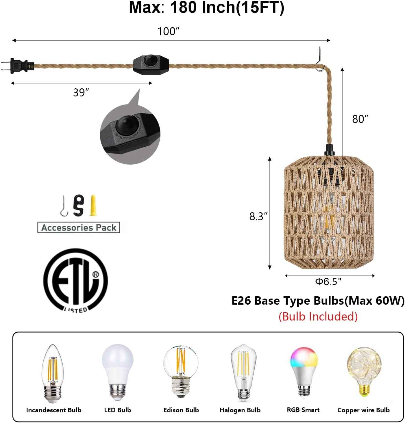 Boho Rattan Pendant Light with 3 Bulbs & 22ft Cord - Woven Hanging Chandelier for Bedroom, Kitchen, Hallway